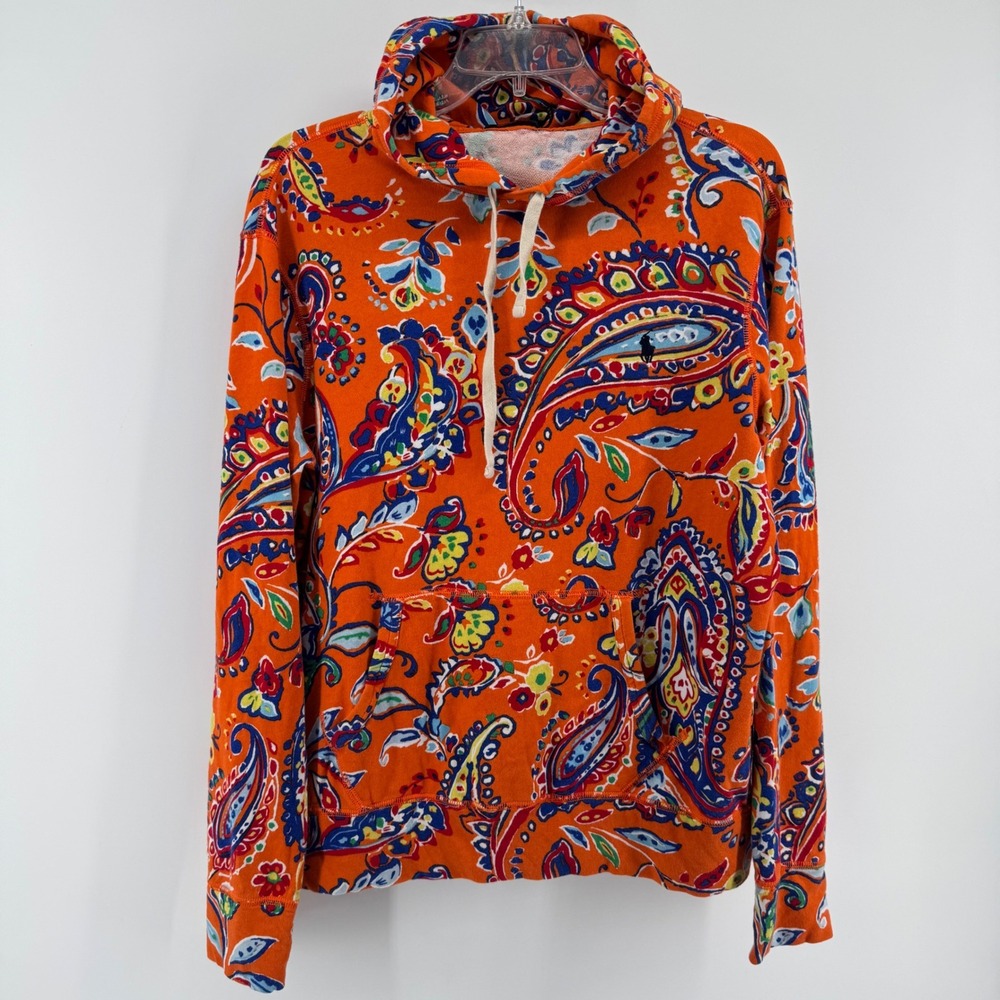 Polo Ralph Lauren Hoodie Mens Medium Orange‎ Paisley French Terry Sweatshirt